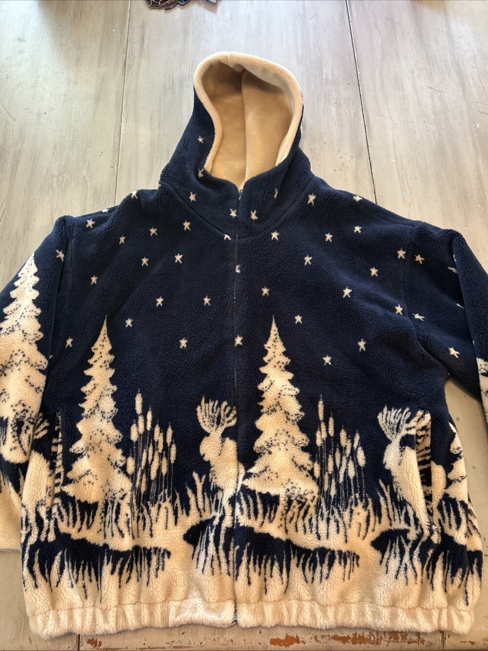 Country Woods Full Zip Fleece Jacket Woods Moose Stars Sz XL Cozy Cabin Core